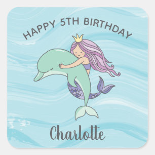 Fair Skin Purple Mermaid with Dolphin Birthday Square Sticker