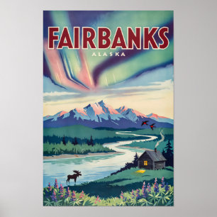 Fairbanks Alaska Northern Lights Illustration Poster