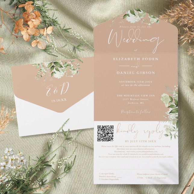 Faire carte de mariage avec code QR monogramme de  (Tan Greenery Monogram QR Code Wedding All In One Invitation)