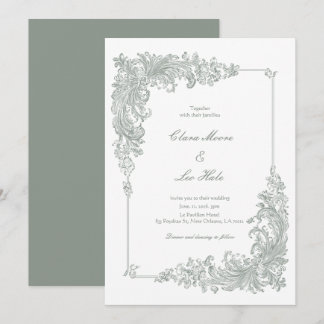 Faire carte de mariage baroque vert sauge élégant