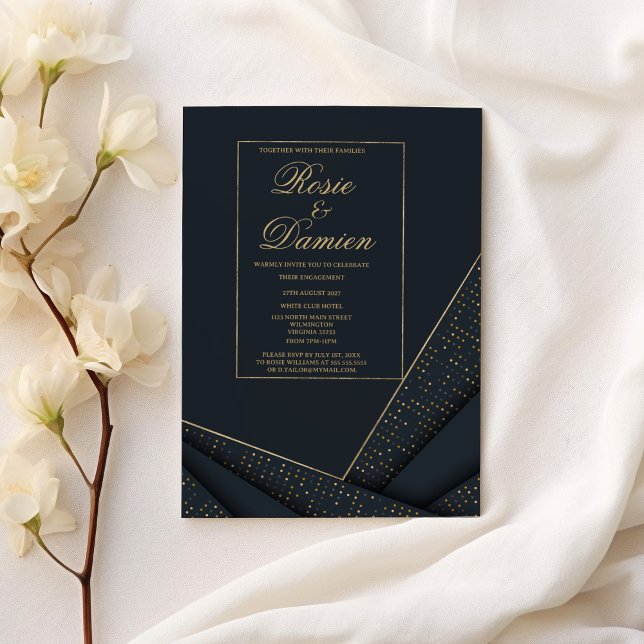 Faire carte d'invitation de fiançailles géométriqu (Elegant navy blue gold geometrical Engagement)
