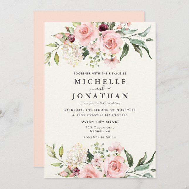Faire carte d'invitation de mariage florale rose - (Devant / Derrière)