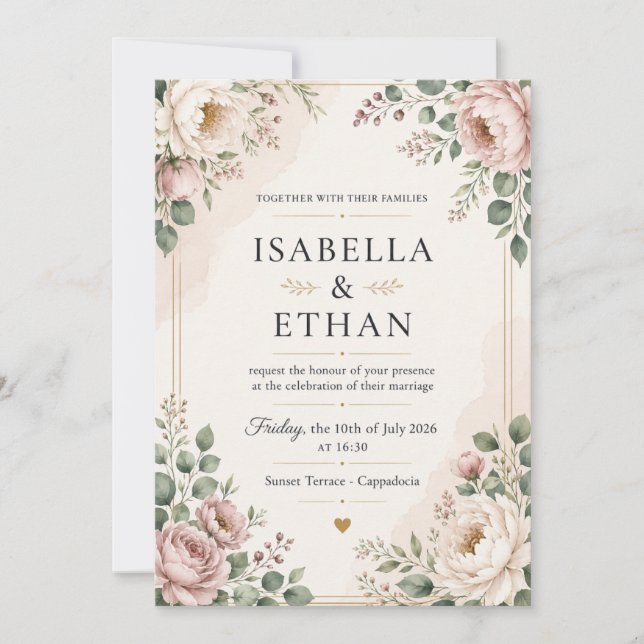Faire carte d'invitation de mariage florale rouge  (Devant)