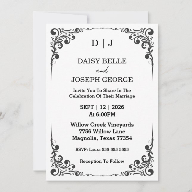 Faire carte d'invitation de mariage noir et blanc (Devant)