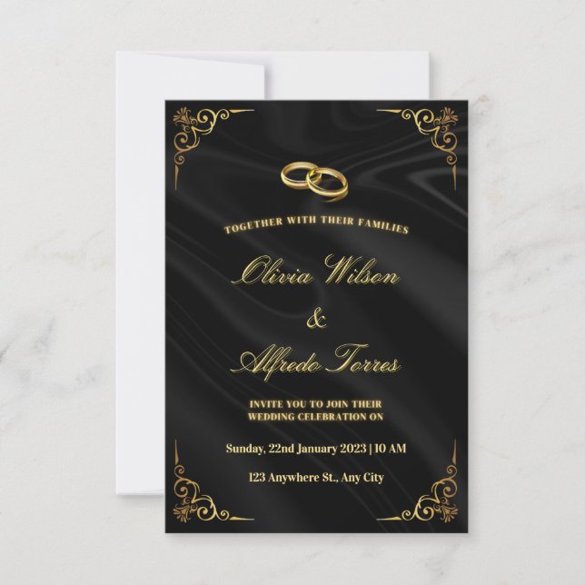 Faire carte d'invitation de mariage noir et or (Devant)