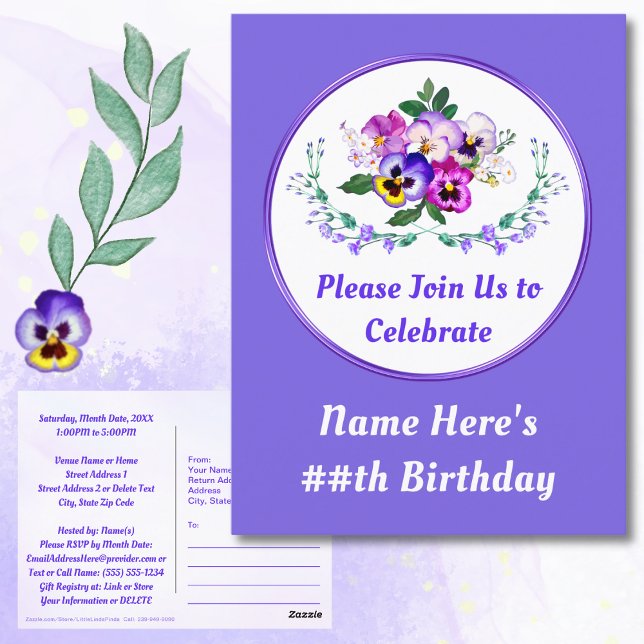 Faire des pensées personnalisées, Cartes d'invitat (Birthday Save the Date Postcards. Cheap Save the Dates. Purple, Lavender Birthday. Pansy Birthday.)