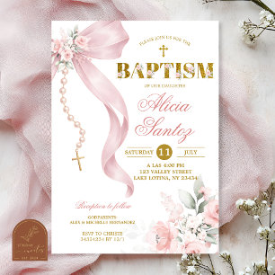Faire invitation de baptême au rosaire rose pâle é
