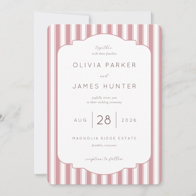 Faire invitation de mariage à rayures roses (Devant)