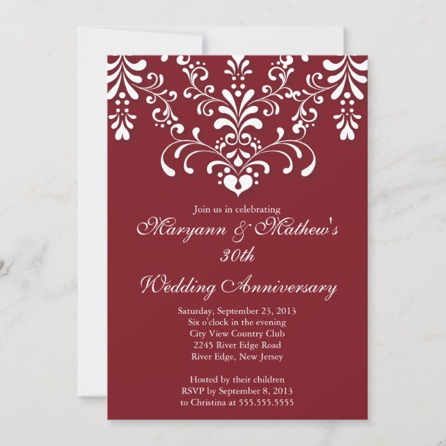 Faire invitation de mariage anniversaire rouge Dam (Devant)