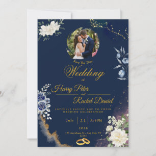 Faire Invitation de Mariage Bleu Nuit et Or