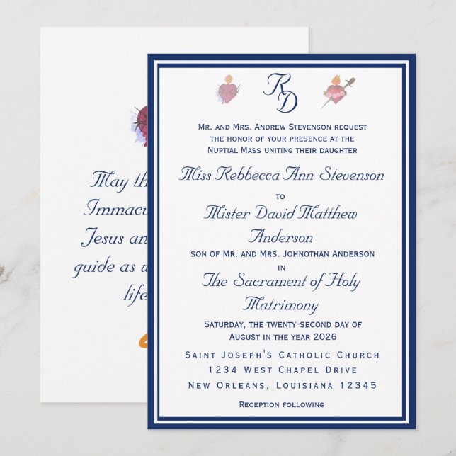 Faire invitation de mariage catholique Deux Cœurs  (Devant / Derrière)
