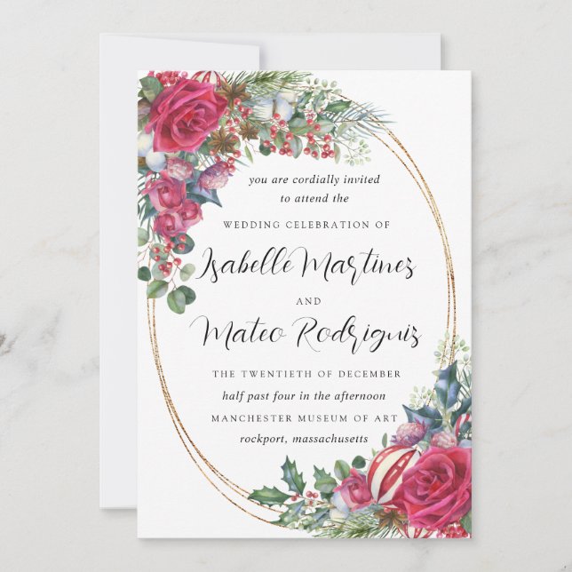 Faire invitation de mariage de Noël à fleurs rouge (Devant)