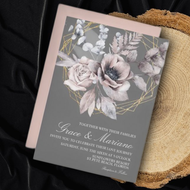 Faire invitation de mariage floral gris rose éléga (Créateur téléchargé)