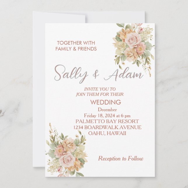 Faire invitation de mariage floral rose (Devant)