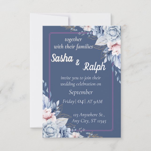 Faire invitation de mariage florale en bleu et ros (Devant)