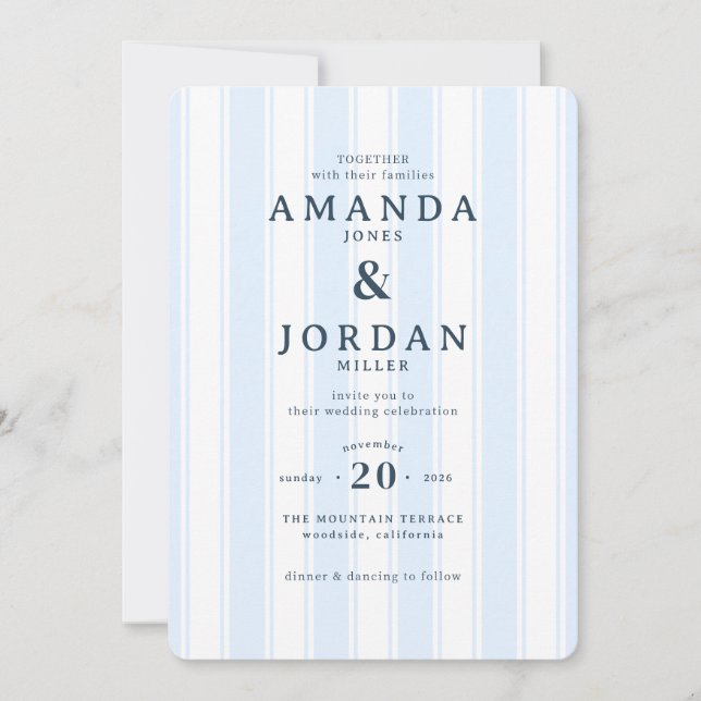 Faire invitation de mariage rayée bleue élégante (Devant)