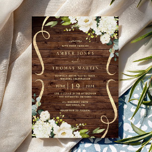Faire invitation de mariage rustique en bois et fl