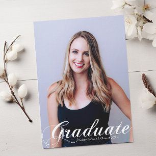 Faire-part 2025 Graduate Photo White Flourish Script Overlay