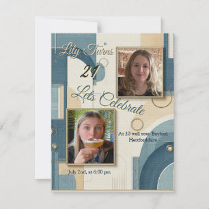 Faire-part 21e Anniversaire crème bleu fleur amande