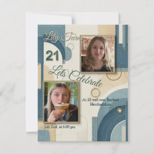 Faire-part 21e Anniversaire crème bleu fleur amande