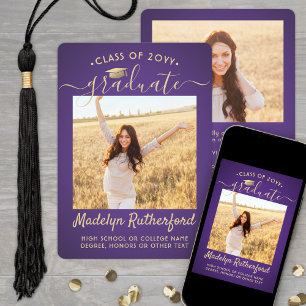 Faire-part 2 Année de classe photo Purple & Gold Script Gradu