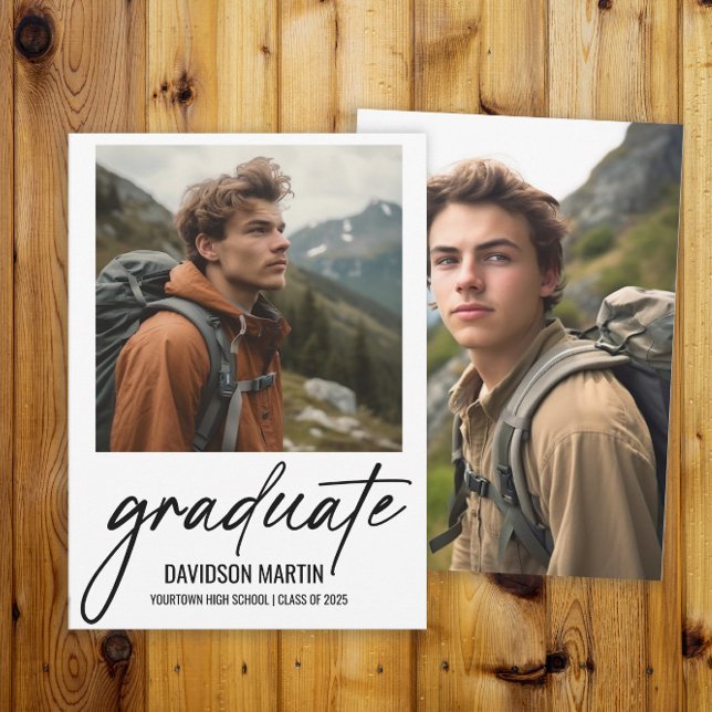 Faire-part 2 Photo Moderne Script Diplômé (2-photo modern script graduation announcement card for him)