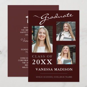 Faire-part 3 photo Script moderne Bourgogne Rose Graduation