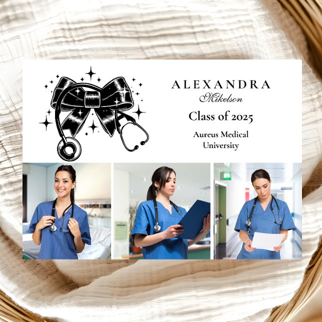 Faire-part 3 Photos Black Bow Nursing School Graduate (Créateur téléchargé)