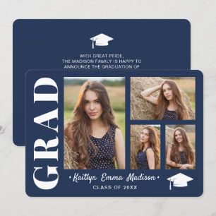 Faire-part 4 Photo Collage Script moderne Marine Bleu Grad