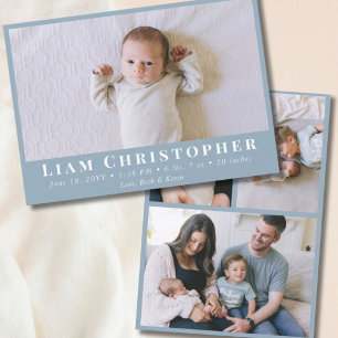 Faire-part 4 Photo Moderne Minimal Dusty Bleu Simple Naissanc