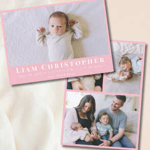 Faire-part 4 Photo Moderne Minimal Rose Simple Bébé Naissance