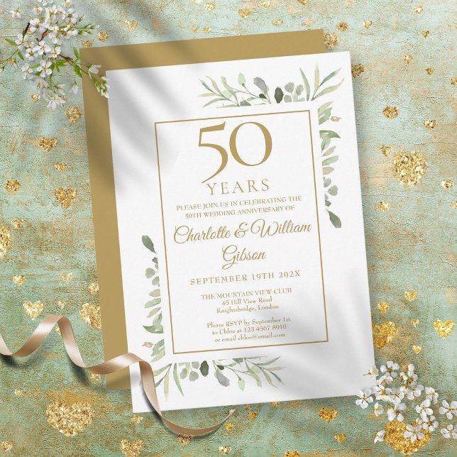 Faire-part 50ème anniversaire de mariage Aquarelle (50th Gold Anniversary Watercolour Greenery Leaves Invitation)
