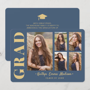 Faire-part 5 Photo Grad Collage Script moderne Bleu et or