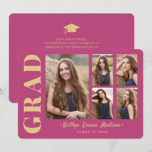 Faire-part 5 Photo Grad Collage Script moderne rose et or