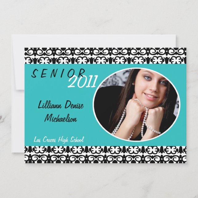 Faire-part 5x7 Turquoise Turquois Damask Photo Senior Faire-p (Devant)
