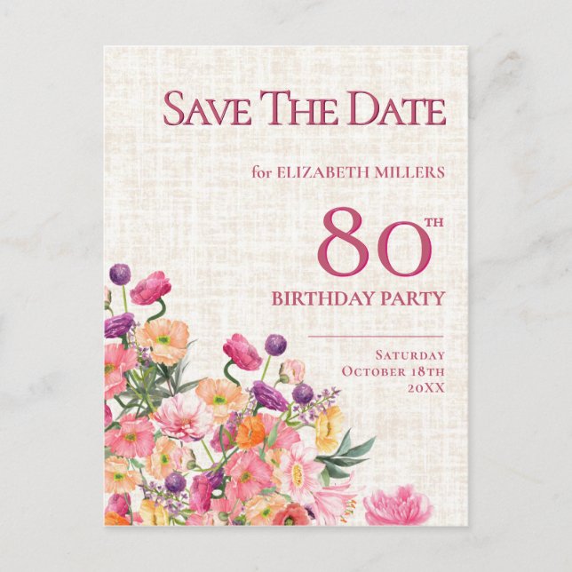 Faire-part 80e anniversaire Floral Save The Date,  (Devant)