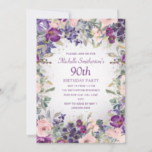 Faire-part 90 ans à Fleurs Rose avec Teinte Violet