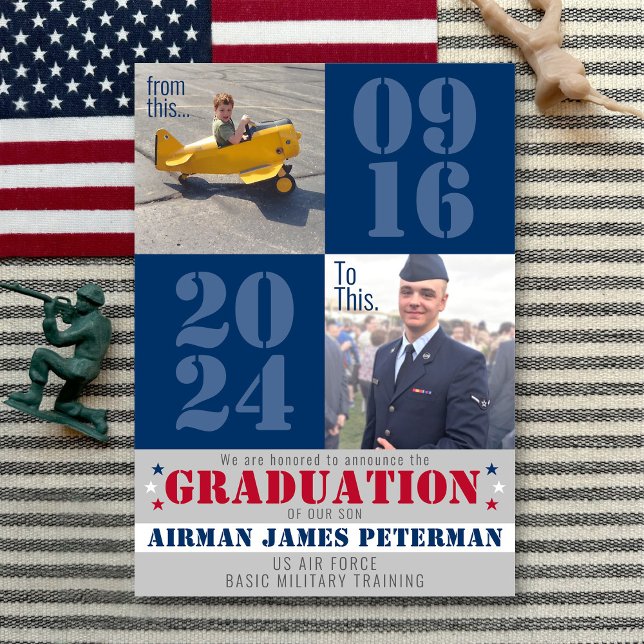 Faire-part À cette photo d'études militaires de base (From this, to THIS large date military basic training graduation announcement, two photos, patriotic)
