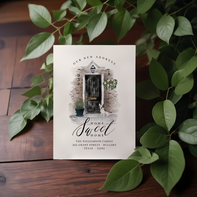 Faire-part Accueil Sweet Home Aquarelle noire Porte et brique (Home Sweet Home Black Watercolor Door & Brick Home Announcement)