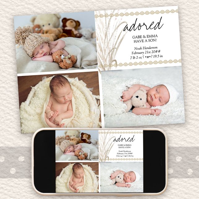 Faire-part Adoré 4 Photo Boho Pampas Grass Birth (Multi Photo Birth Announcement with signed pic on the back)