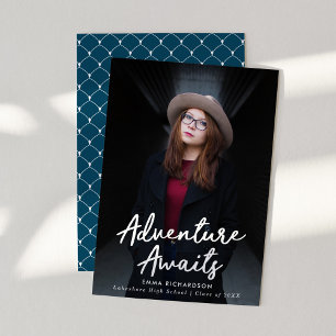 Faire-part Adventure Attend Script Dark Blue Photo Graduation
