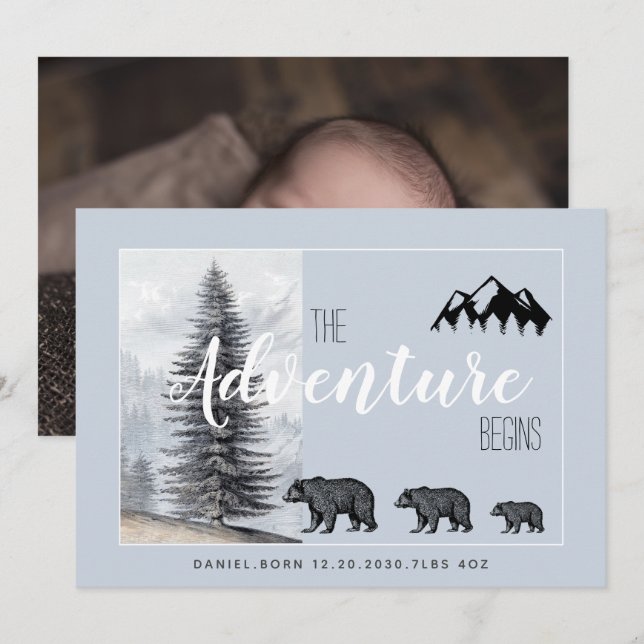 Faire-part Adventure Await Rustic Woodland Bears Birth (Devant / Derrière)
