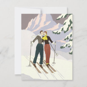 Faire-part Amoureux mariés récemment au ski Art Déco vintage 