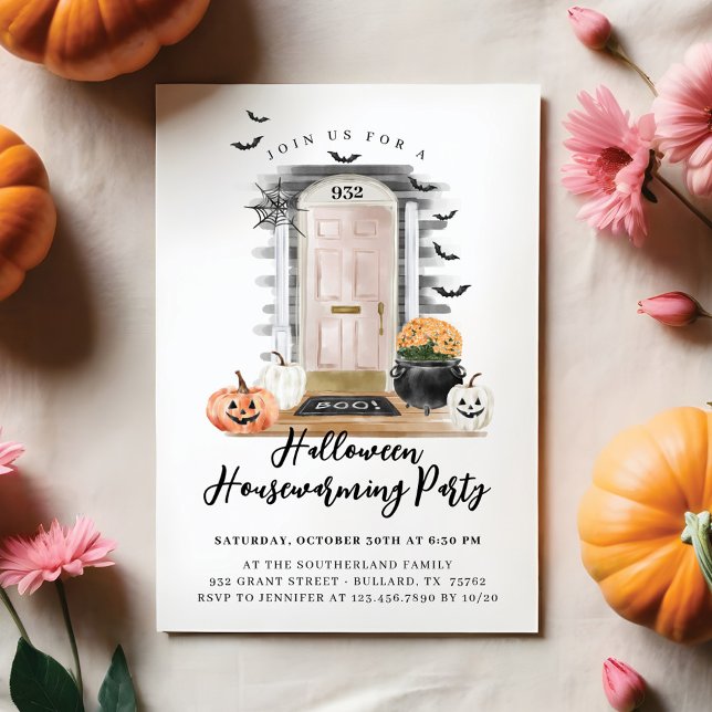 Faire-part Amusant Halloween Fête de réchauffement de la mais (Fun Halloween Housewarming Party Pink Front Door Announcement)