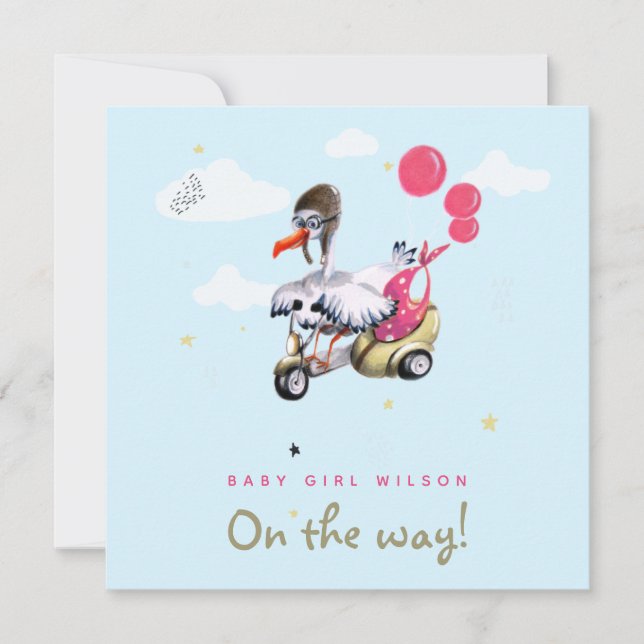 Faire-part Amusante Oiseau rose Fille Balloon Simple Mignonne (Devant)
