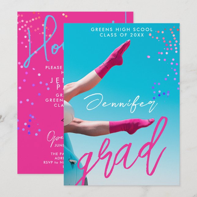 Faire-part Amusants Moderne Hot rose Typo College School Grad (Devant / Derrière)