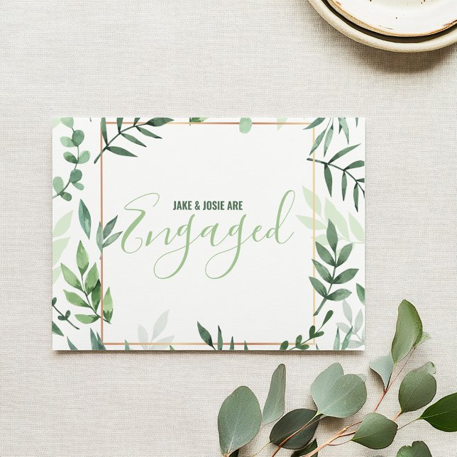 Faire-part Annonce de feuilles vertes (Vibrant green leaves design with a copper frame engaged card.)