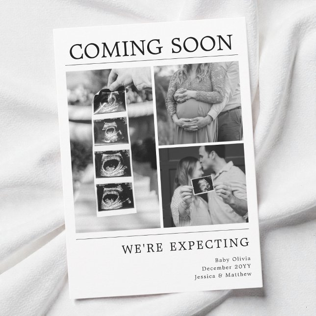 Faire-part Annonce de grossesse avec photo de bébé en noir et (Modern Black and White Baby Photo Pregnancy Reveal Announcement)