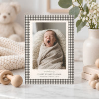 Annonce de naissance avec photo bébé Gingham Gris 