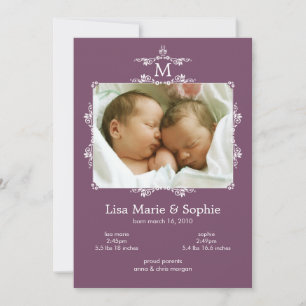 Faire-part Annonce de naissance avec photo de jumeaux en mono